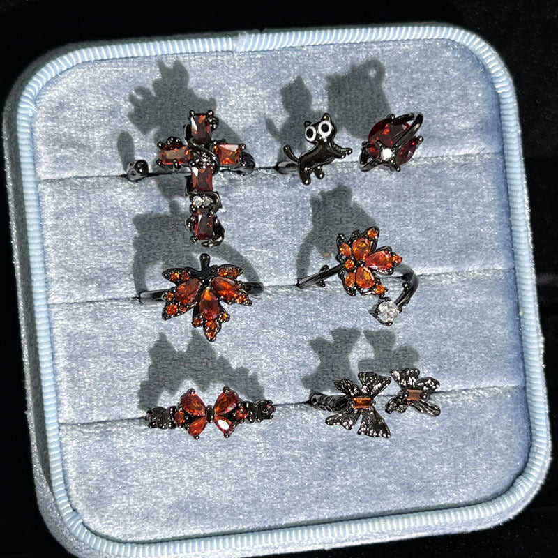 Trendy Cool Full Diamond Dark Style Cross Red Maple Leaf Ring
