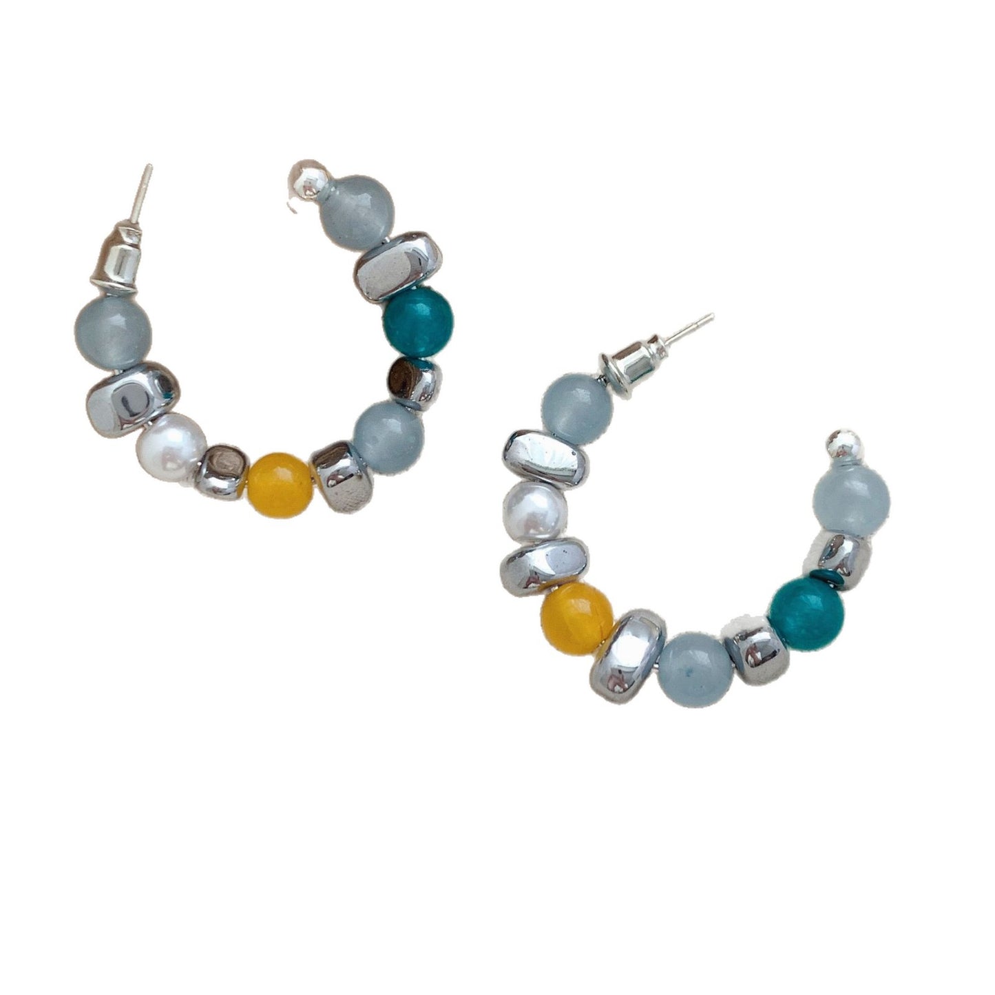 Contrasting Color Natural Stone Beaded Sier Stud Earrings