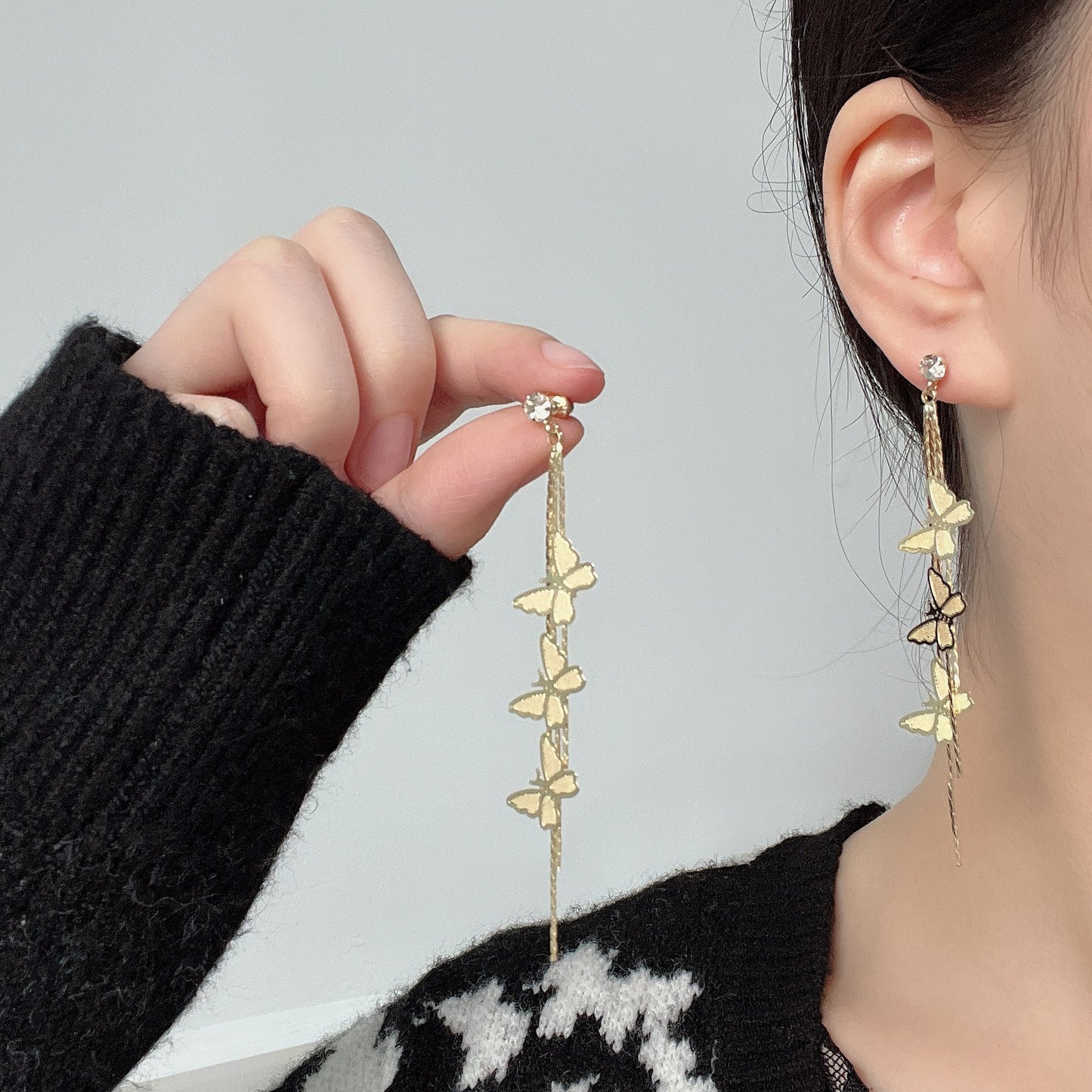 Women's Sier Needle Slimming Trendy Temperament Long Butterfly Earrings