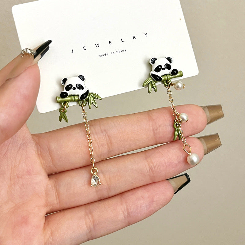 Women's Needle Cute Fashion National Bamboo Panda Personality Pearl Earrings