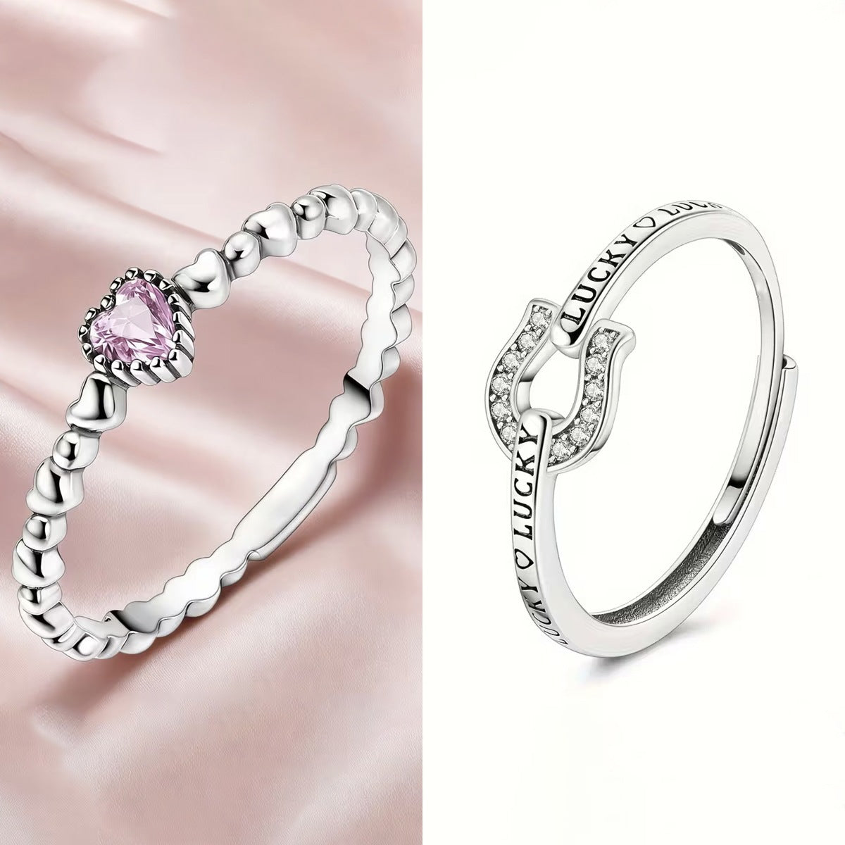 Women's Vintage Thai Sier Horseshoe-shaped Ball Edge Pink Shiny Ring