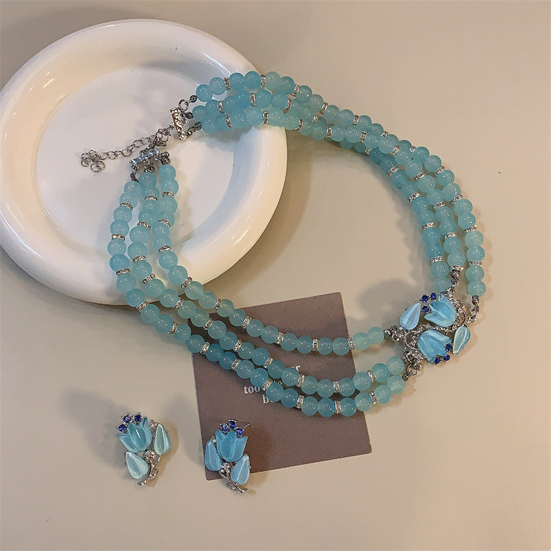 Blue Beaded Summer Cool Light Lily Necklace