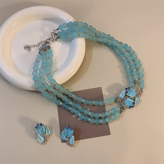 Blue Beaded Summer Cool Light Lily Necklace