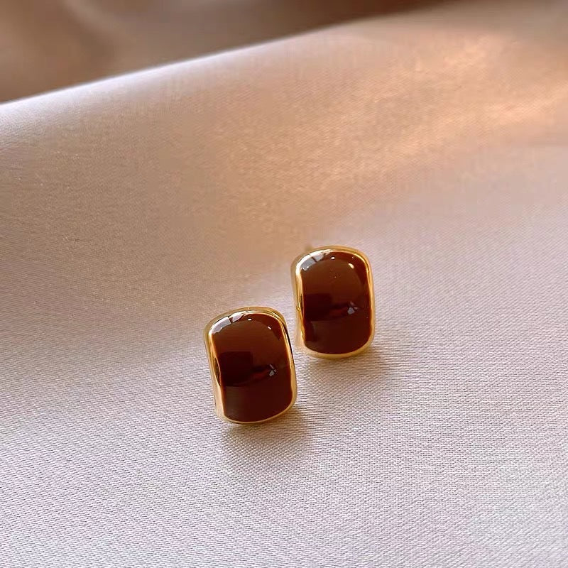 Women's Coffee Color Sier Needle Tigereye Style Earrings