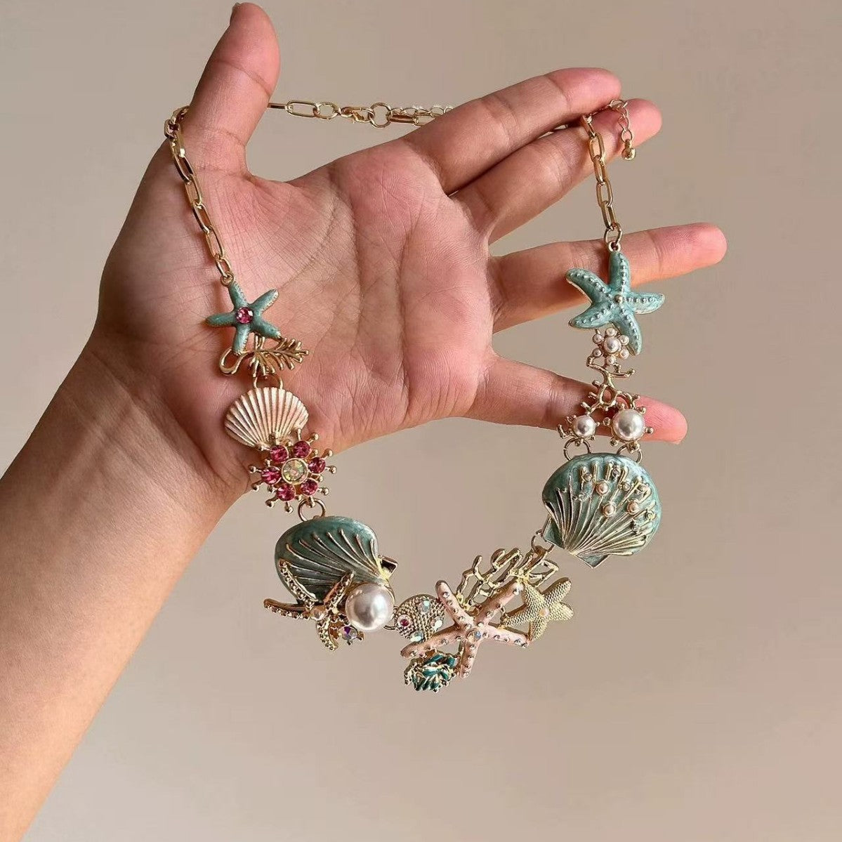 Women's Coral Secret Vacation Style Shell Starfish Pearl Marine Necklace