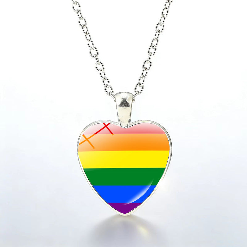 Multicolor Peach Heart Rainbow Pattern Time Gem Cabochon Necklaces