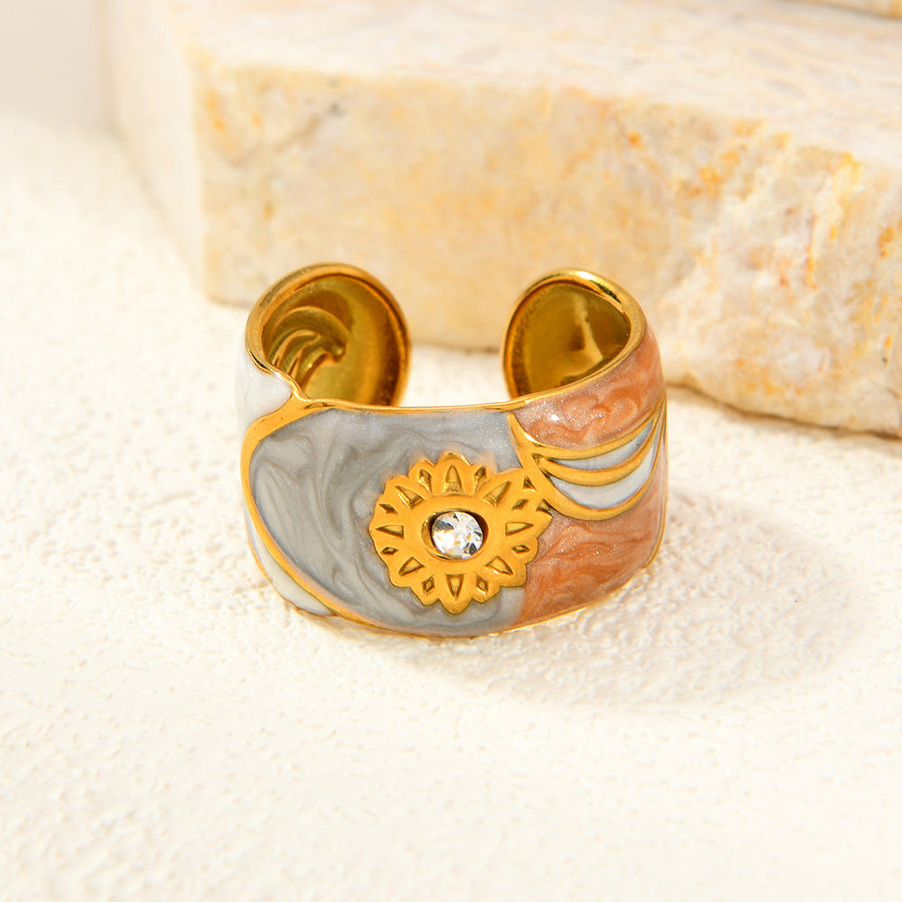 Oil Dripping Diamond Sunflower Open Personality Rings
