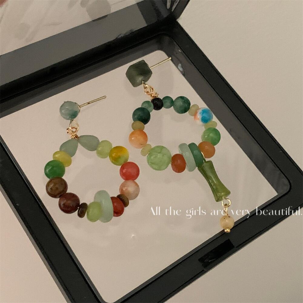 Chinese Style Natural Stone Beaded Asymmetric Mori Artistic Retro Earrings