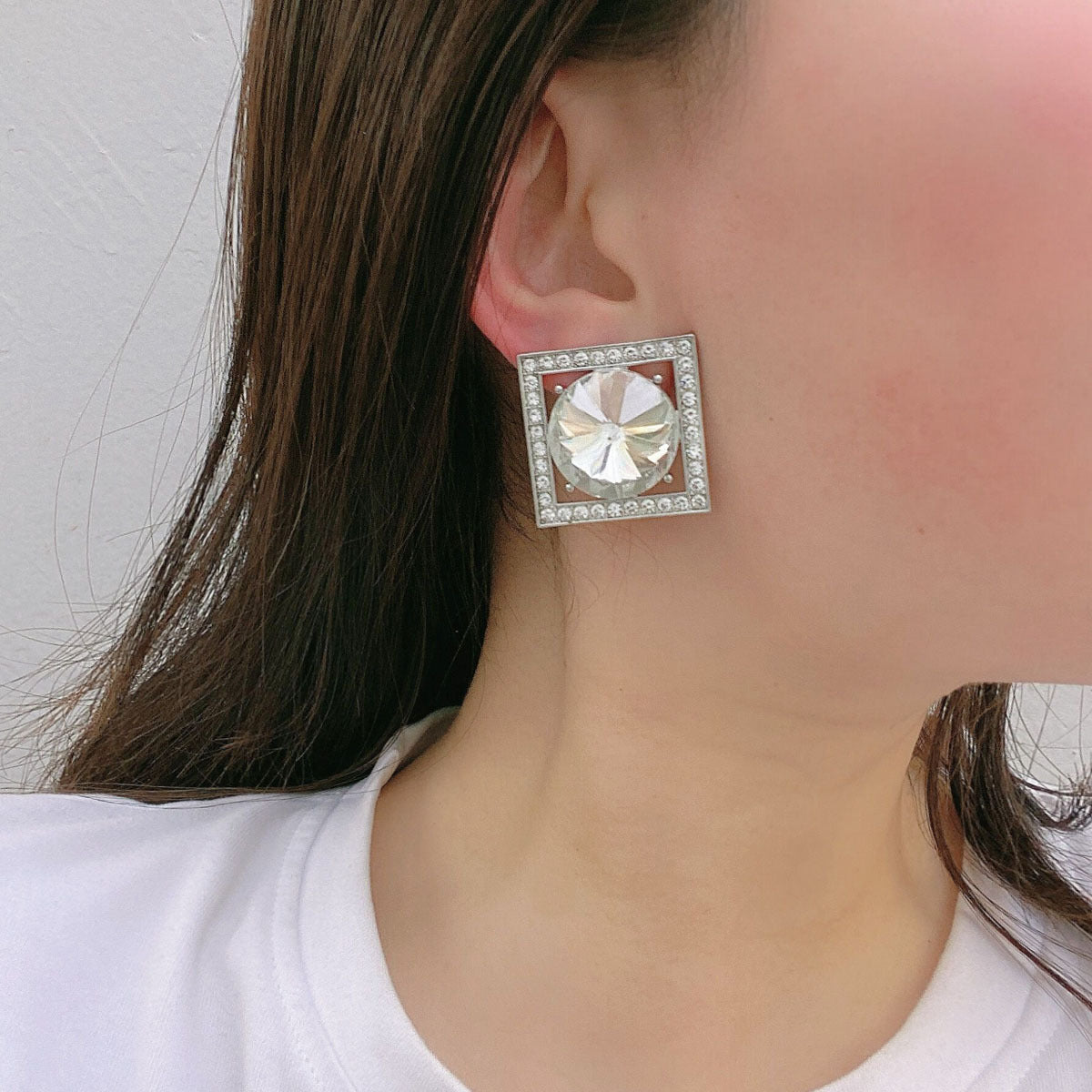 Sier Needle Geometric Square Rhinestone Fashion Eye-catching Large Niche Earrings