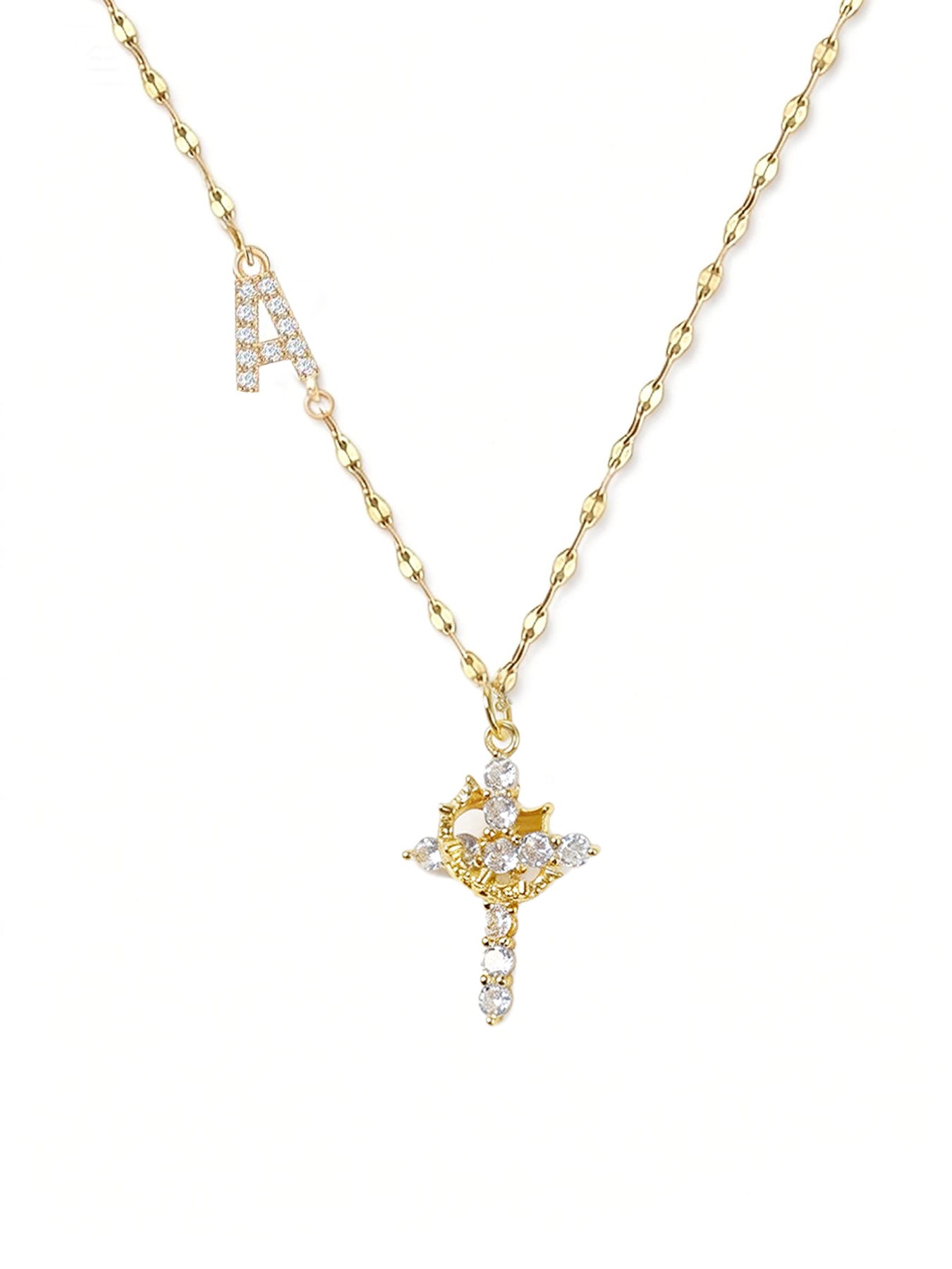 Full Diamond Rotatable Crown Cross With Letters Gold-plated Necklace