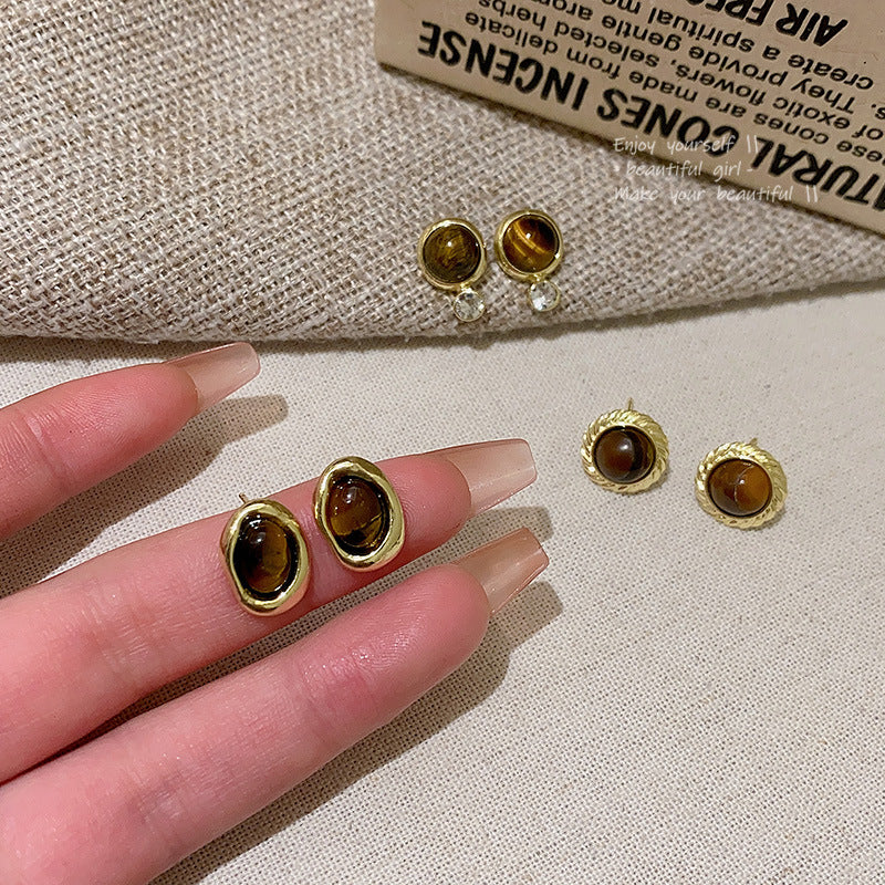 Sier Needle Tigereye Female Advanced Design Sense Stud Earrings