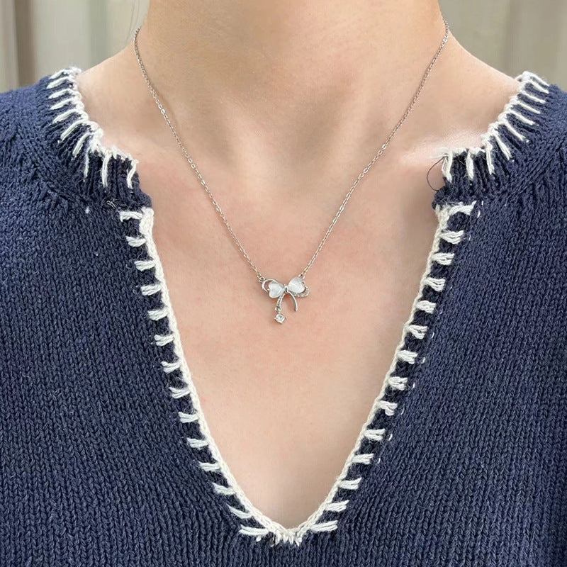 Opal Bow Tassel Female Style Design Heart Clavicle Necklace