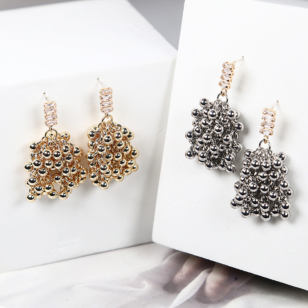 Sier Needle Zircon Retro French Metal Tassel Beaded Light Niche Earrings
