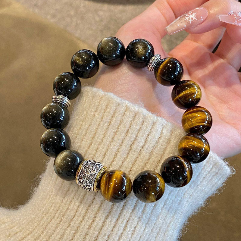 Men's Tigereye Gift Husband Obsidian Gold Crystal Bracelet