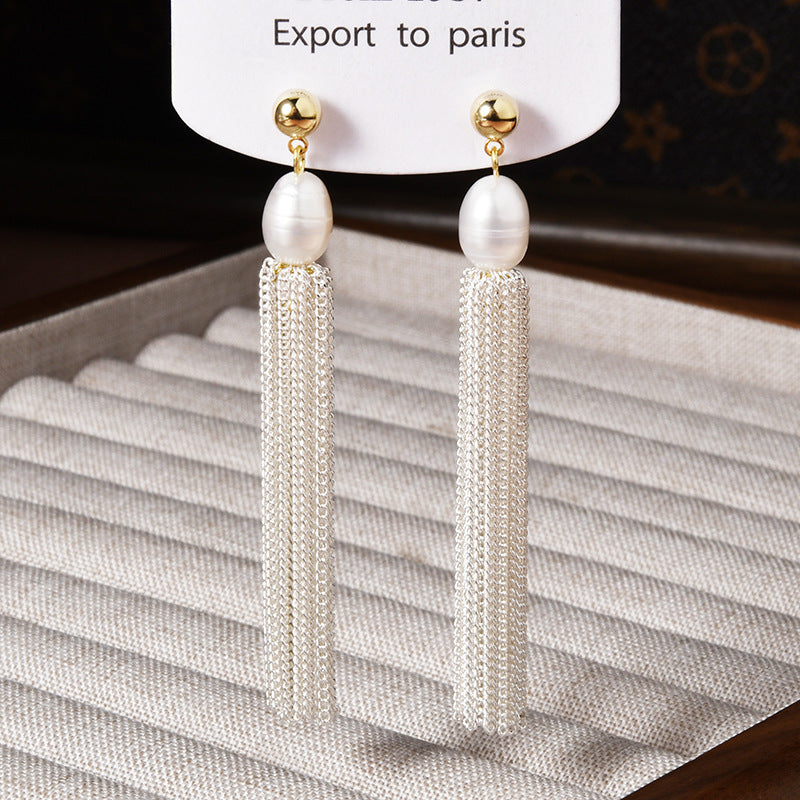 Fairy French Oval Pearl Long Tassel Female Affordable Earrings