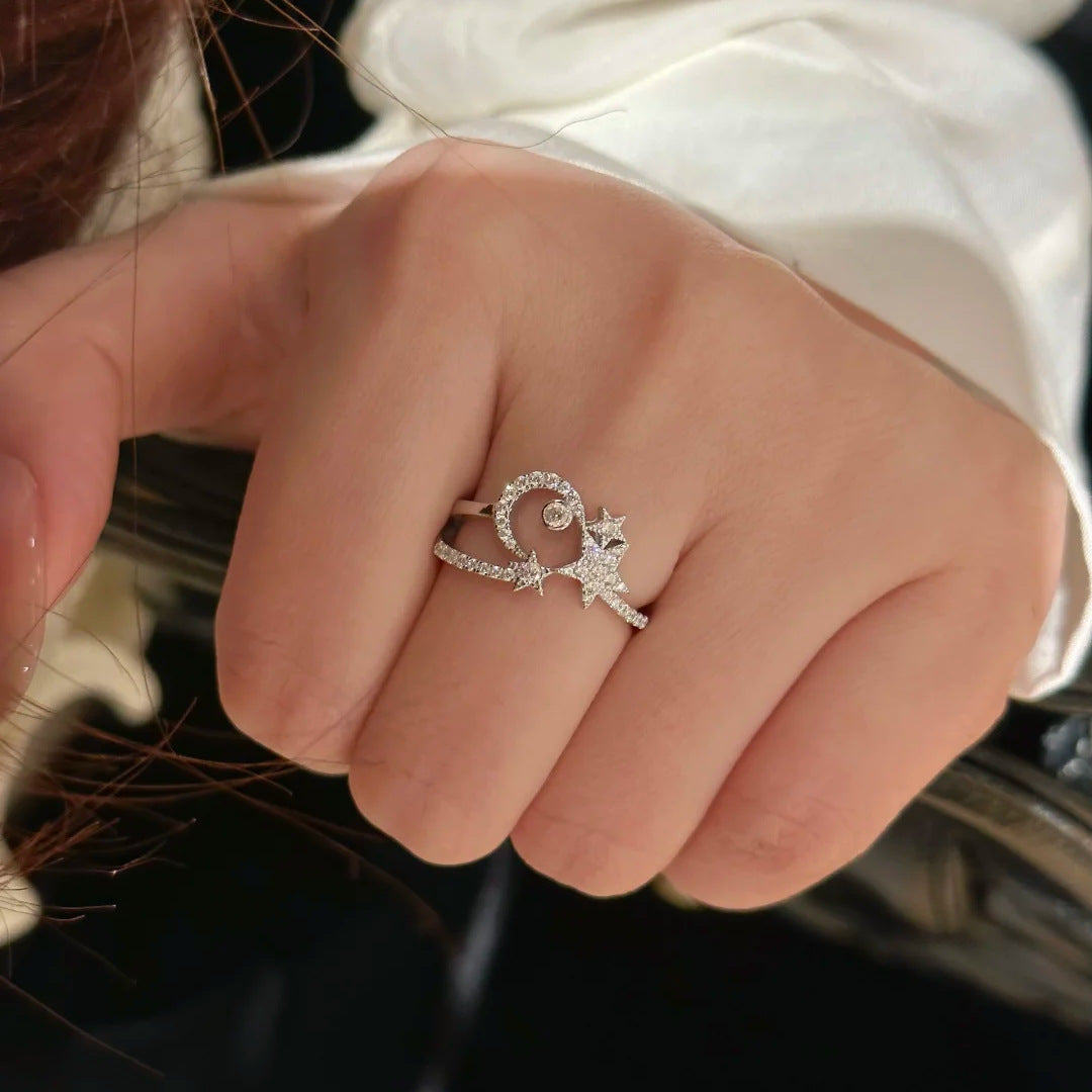 Diamond Star Moon Simple Daily Twin Open Female Ring