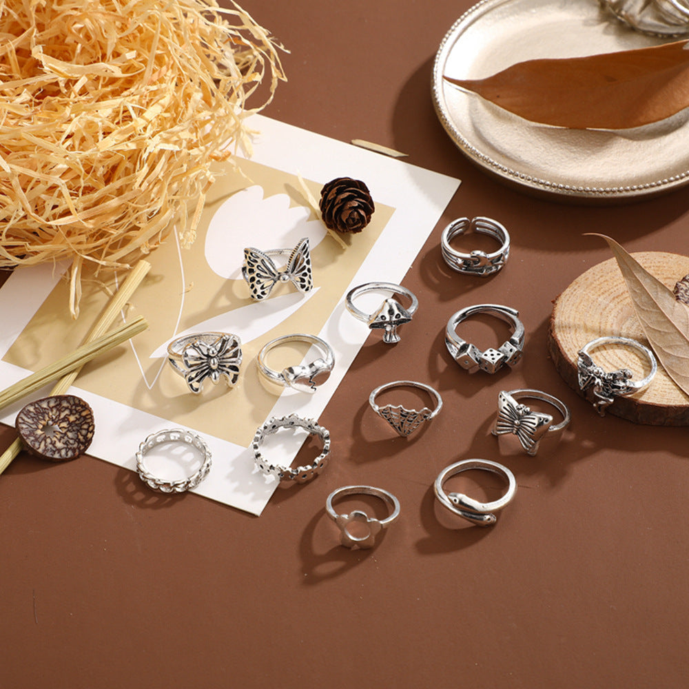 Exaggerated Mushroom Flowers In Chains Moon Heart Butterfly Rings