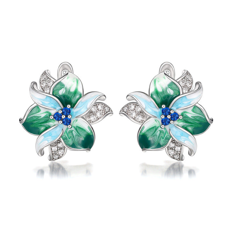 Shi Green Enamel Flower Epoxy Zircon Stud Earrings
