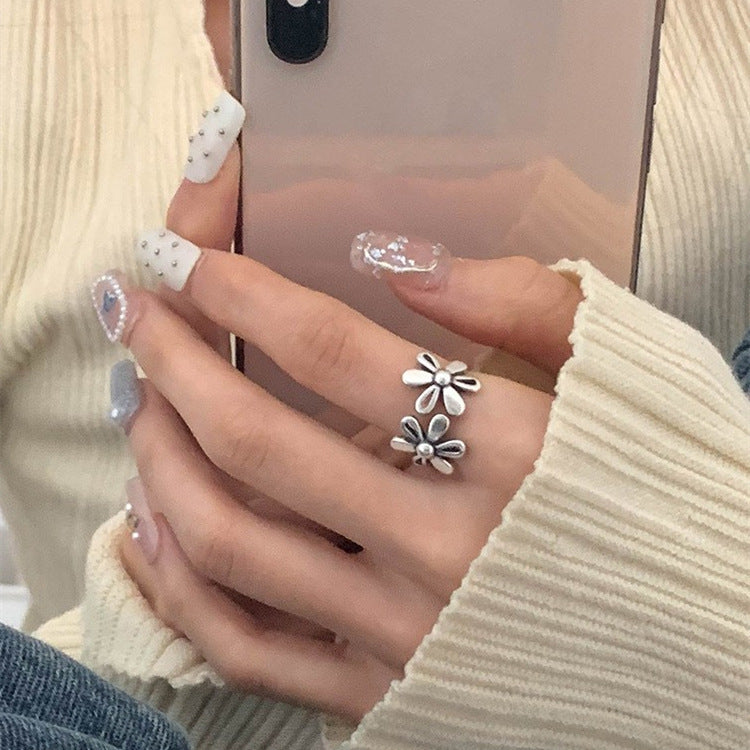 Flowers Female Retro Everyday Fashion Niche Design Open Rings