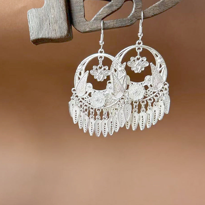 Sier Ethnic Style Peacock Retro Ear Hook Vintage Scenic Spot Earrings