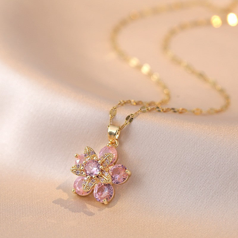 Female Minority Fashion Design Rotating Bauhinia Zircon Flower Necklace