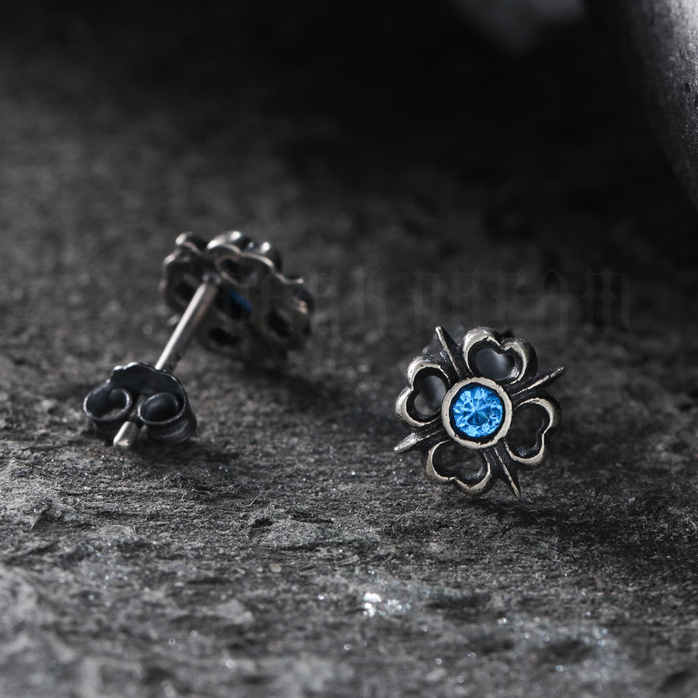 Distressed Sterling Sier Four-leaf Flower Female Blue Pope Cross Rings