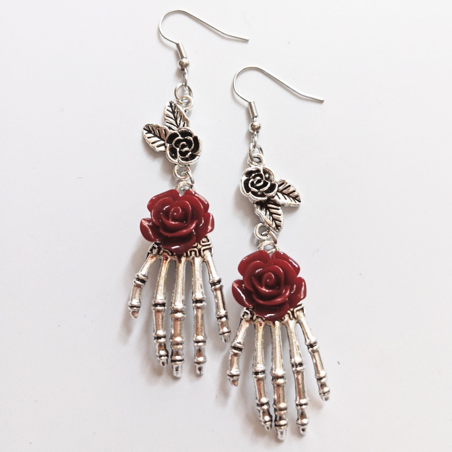 Skull Hand Red Rose Gothic Handmade Eardrop Halloween Earrings