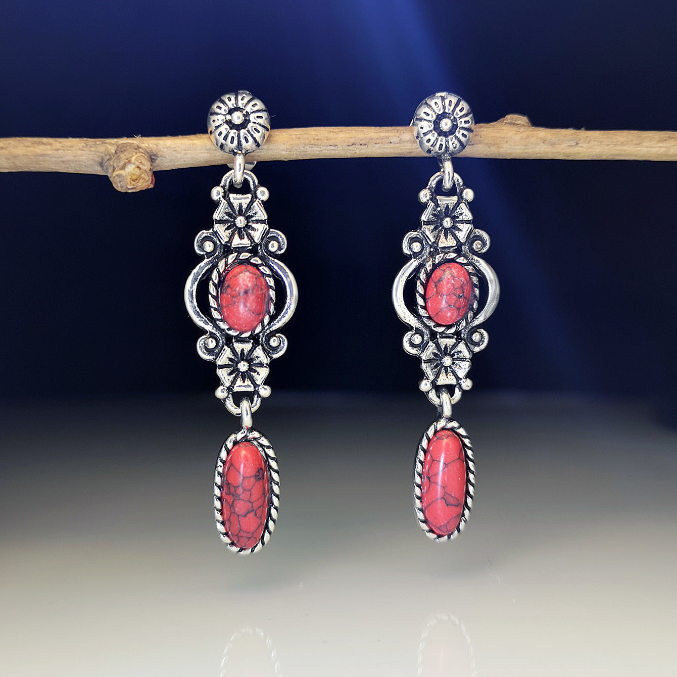 Women's Carved Flowers Red Turquoise Ethnic Style Earrings