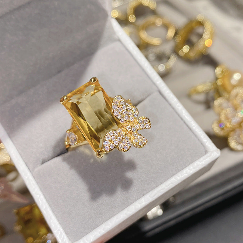 Camellia Fashion Romantic French Golden Rhinestone Gold Plated Ring