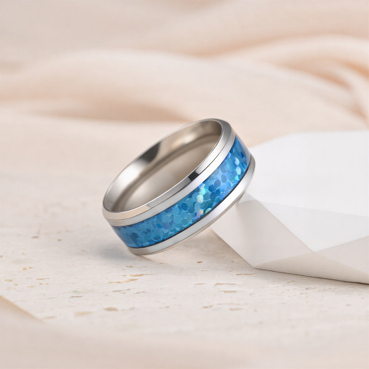 Women's & Men's Personality Deep Sea Blue Round Titanium Steel Ring
