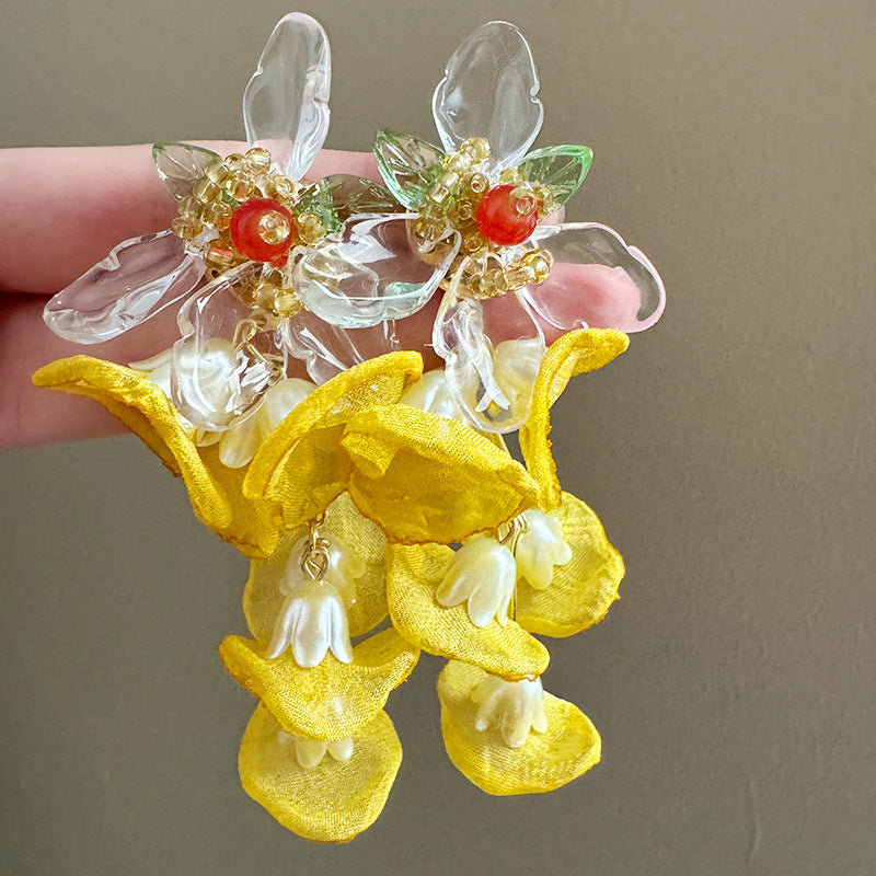 Women's High-grade Beaded Weave Flower Tassel Chiffon Petal Atmosphere Gentle Spirit Earrings