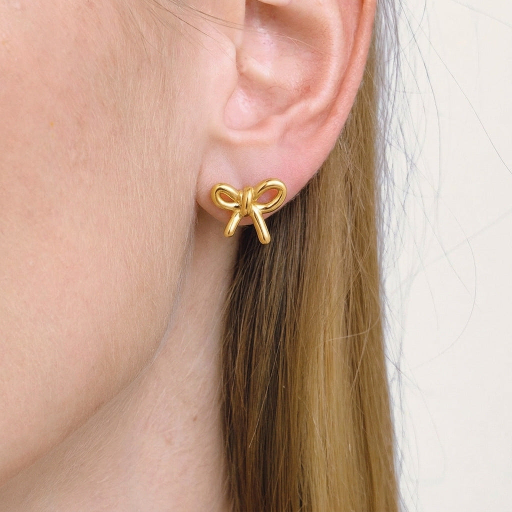 Fashion Sweet Mini Bow Stainless Steel Vacuum Gold Stud Earrings