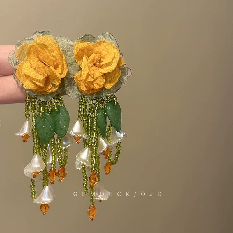 Dopamine Vacation Style Sier Needle Bead Flower Delicate Indie Earrings