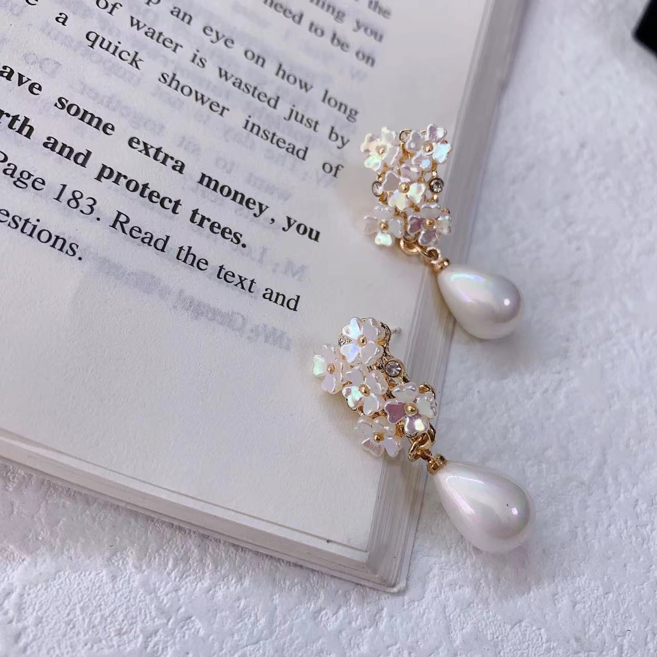 Sier Needle Imitation Shell Flower Design Creative Water Drop Rings