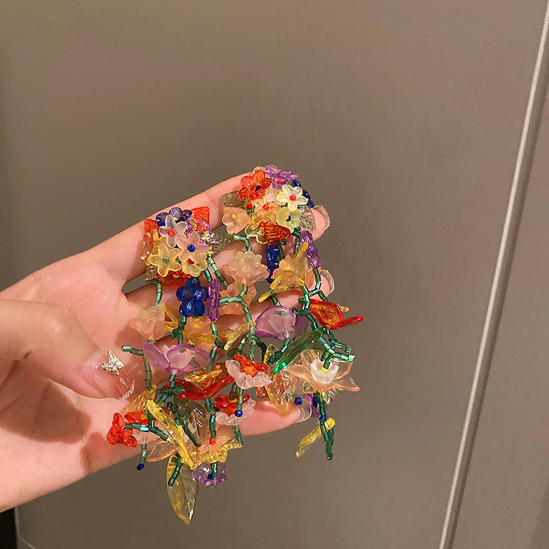 Dopamine Vacation Style Sier Needle Bead Flower Delicate Indie Earrings