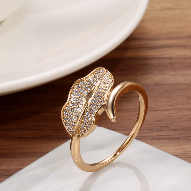 Gold Zircon Simple Fresh Small Leaf Rings