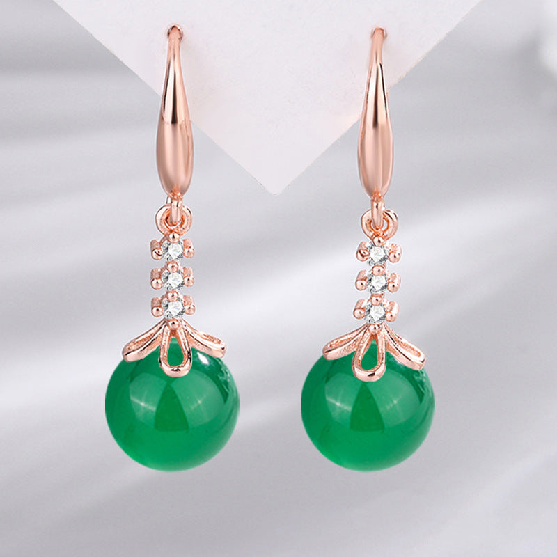 Women's Green Agate Sier Plated Zircon Carnelian Long Earrings