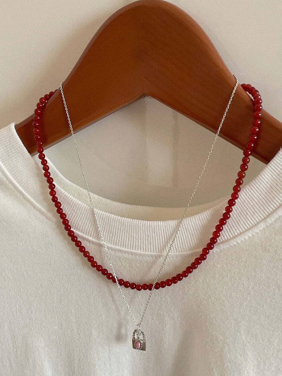 Women's White Vintage Red Agate Beaded High-grade Necklace