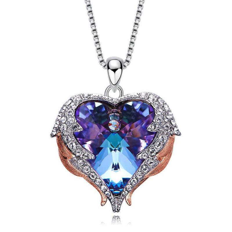 Ocean Heart Female Angel Wings Crystal Necklace
