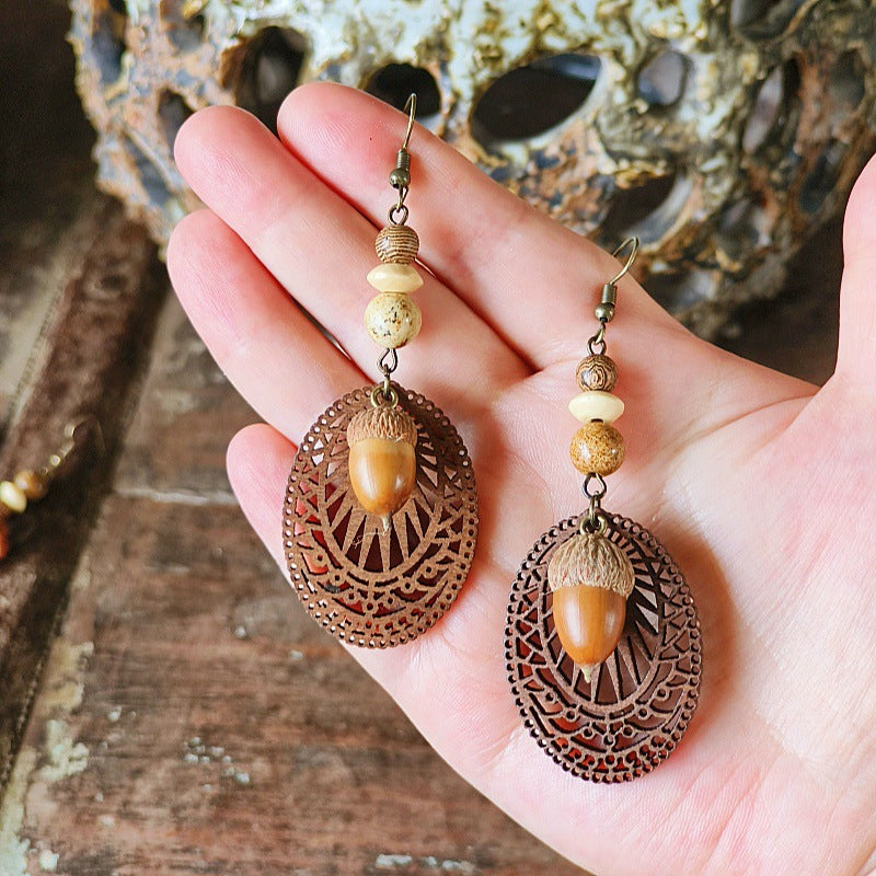 Style Retro Minority Mori Bohemian Indian Wandering Hollow Wood Grain Earrings
