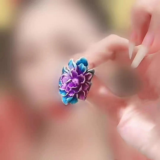 Women's Fashion Personality Cloisonne Peony Enamel Marcasite Opening Adjustable Color Burning Ring
