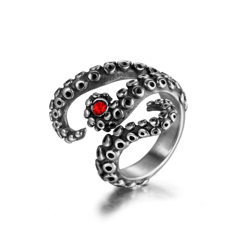 Men's Titanium Steel Personalized Retro Octopus Ruby Rings