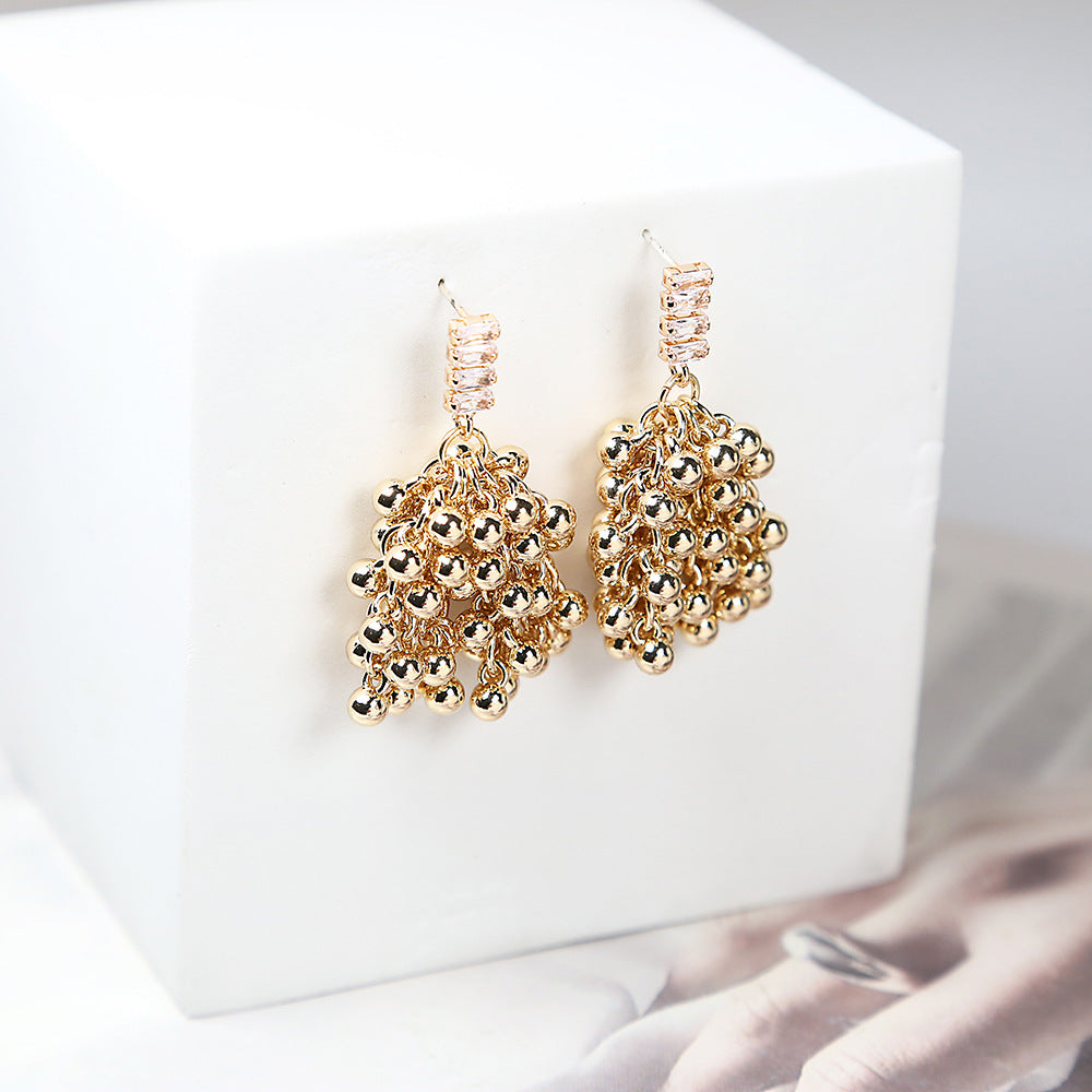 Sier Needle Zircon Retro French Metal Tassel Beaded Light Niche Earrings