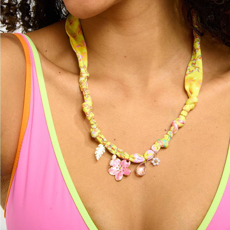 Marine Life Colorful Flower Shell Silk Scarf Cloth Gold Plated Necklace
