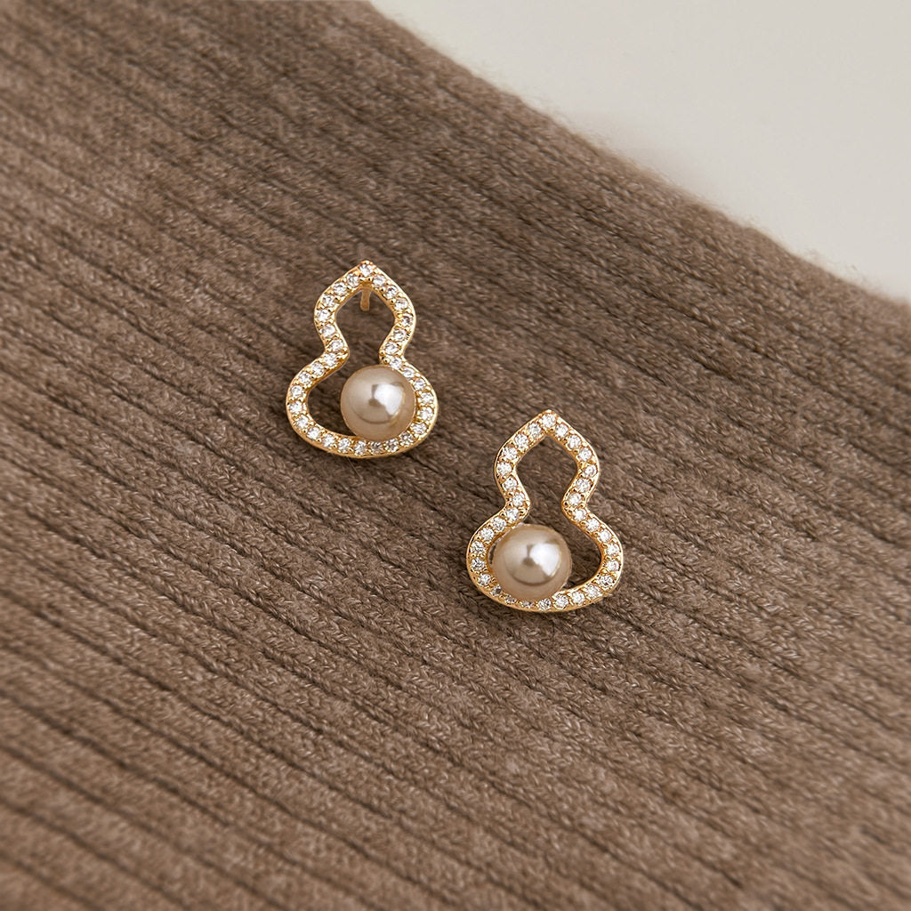 Sier Needle Gourd Coffee Champagne Pearl Old Money Style Chinese Earrings