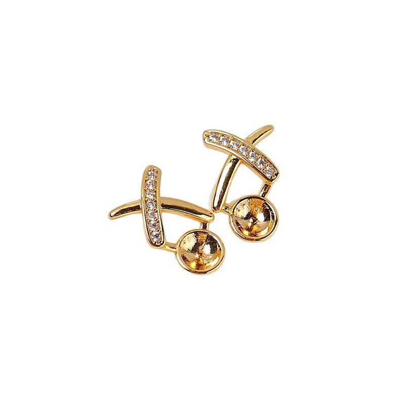 Women's Electroplated Real Gold X Type Zircon Pearl Auricular Needle Sier Stud Earrings