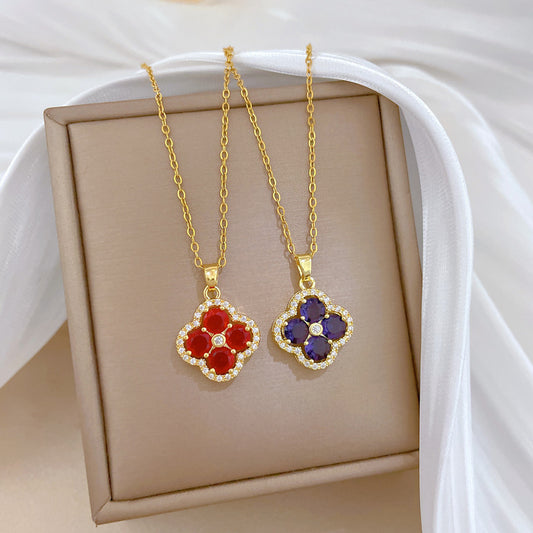 Steel Luxury Full Diamond Flower Micro Rhinestone Female Lucky Beads Necklace