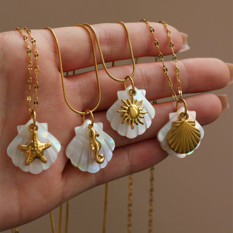 Ocean Female Vacation Style Seahorse Starfish Scallop Clavicle Chain Gold Necklace