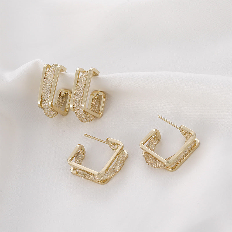 Mesh Design Fashion Hollow Gold Silk Woven Elegant Earrings