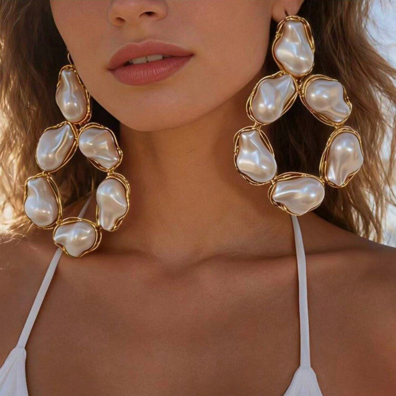 Exaggerated Shaped Pearl Turquoise Large Vacation Style Niche Design Retro Earrings
